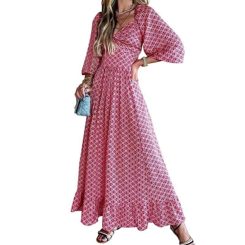 

Red Dress Women's Summer Ruffles High Waist Dresses Cover Up Women Print Three Quarter Sleeve Sexy V Neck Maxi Long Dress