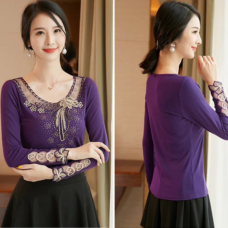 

Spring Autumn Long Sleeve Tees Hollowed-out Have Elasticity Women Tops Classic Black Chicstylish And Grace Lace Top