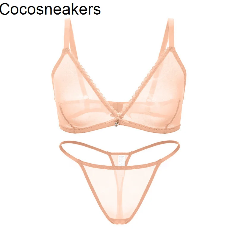

underwear ultra thin transparent mesh sexy non steel ring bra t-pants set