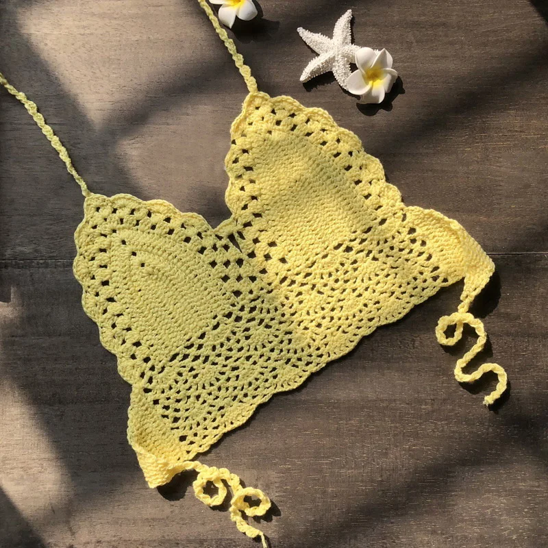 Женский вязаный крючком кружевной Бралетт с вырезами Бохо пляжный Бикини Холтер