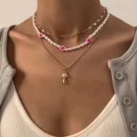 creative multi layer simulation pearl beaded necklace for women ladies alloy cartoon mushroom pendant necklace funny jewelry