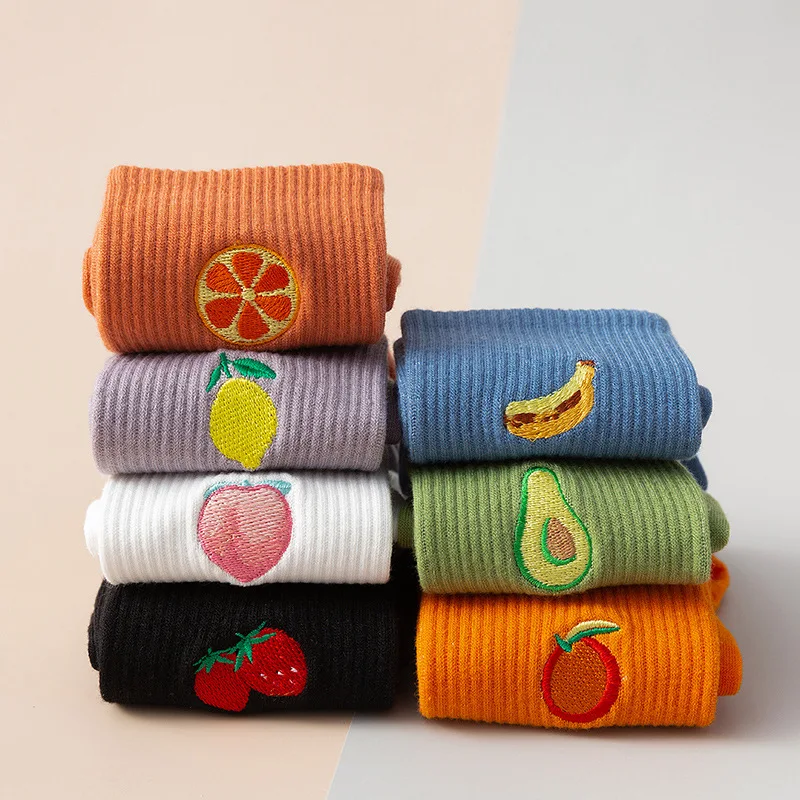 Girls Socks Ambroidered Fruit Knee Highs Kids Korean Style Colorful School Sports Stockings Cotton Breathable Tube | Детская одежда и