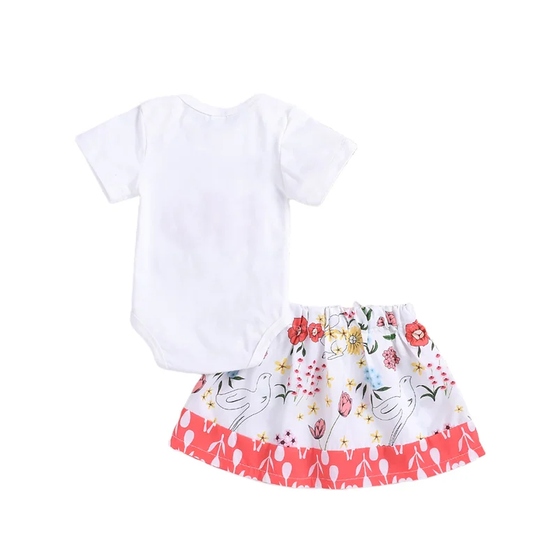 

Baby Girl's Three-Piece sweet Suit,Short Sleeve Letter Print Romper + Floral pirnt Skirt + Headwear for Easter Birthday Party