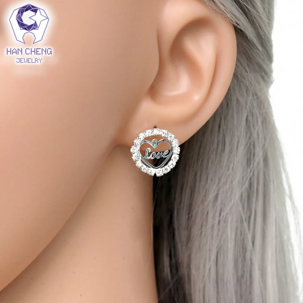 HanCheng New Fashion Love Circle Heart Silver Plated Nail Gem Stone Rhinestone Stud Earrings For Women Jewelry brincos bijoux | Украшения и