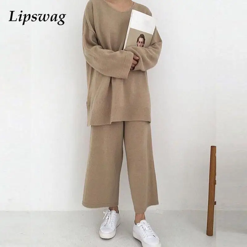 

Fashion Loose Knitted Suits Autumn Winter Two Piece Women Set Casual Long Sleeve Tops Pullover + Straight Pants Outfits Homewear