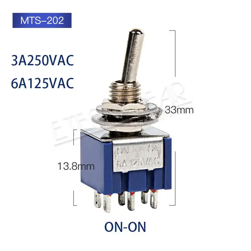 Blue-MTS-202 SPDT DPDT сброс запирающий переключатель MTS-102 5A 6A 125V 3A 250 AC Mini 3 6PIN ON-OFF-ON кулисный переключатель фары двигатели - Цвет: Blue-MTS-202