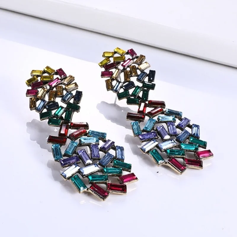 

New Exaggerated Personality Colorful Rhinestone Geometric Big Women's Earrings Jewelry