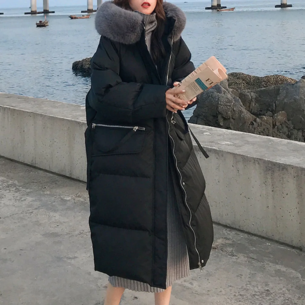 

Winter Thick Loose Pocket Zipper Women's Cotton Padded Jacket Big Fur Collar Ladies Medium And Long Korean Loose Fashion Parkas