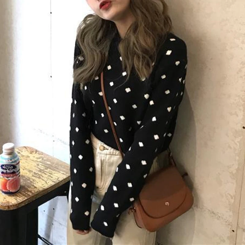 

Sweaters Women O Neck Dot Knitted Pullovers Sweaters Korean Fashion Full Sleeve Casual Cropped Kniwear Winter Clothes Women