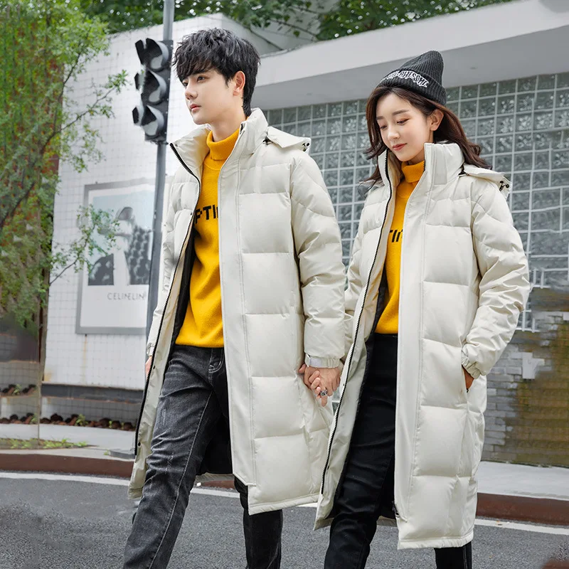 

White Duck Down Jacket for Men and Women Couples 2021 Winter New Korean Loose and Thickened Hooded Medium and Long Warm Jacket