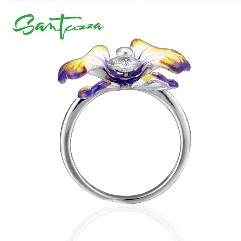 Серебряное кольцо для женщин SANTUZZA, 925 пробы, серебряное, фиолетовое, Цветущий цветок, кольцо с кубическим цирконием, вечерние, шикарные ювелирные изделия ручной работы, эмаль