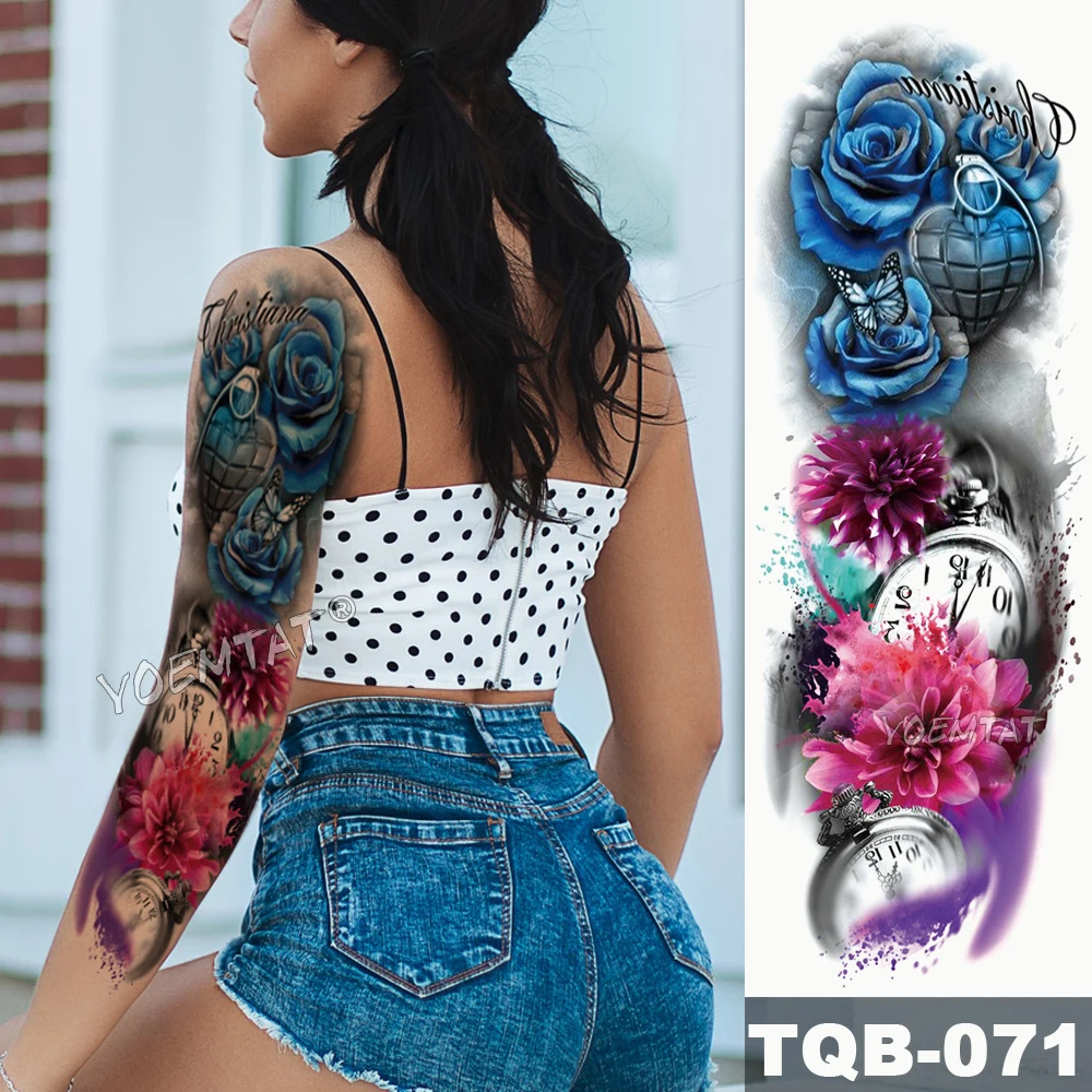 Large Arm Sleeve Tattoo Pink Cyan Eyes Angel Waterproof Temporary Sticker Rose Wings Sun Men Full Skull Tatoo Women | Красота и