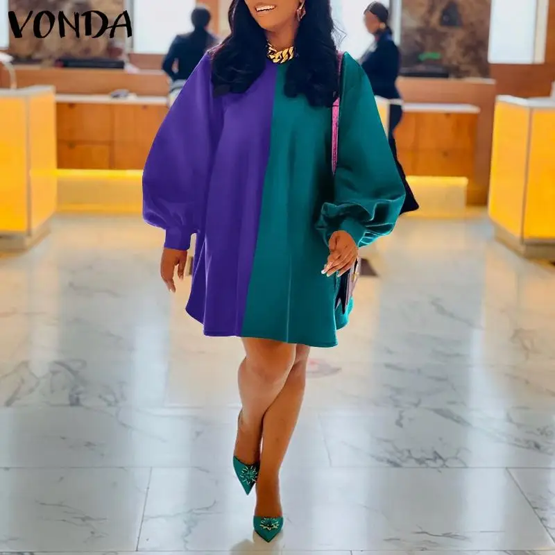 

Mini Dress Autumn Long Sleeve Patchwork Vestidos VONDA 2021 Woman Casual O Neck Lantern Sleeve Robes Femme Beach Sundress