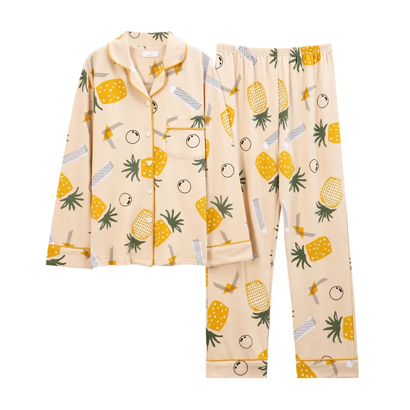 

Autumn and Winter Long Sleeve Cotton Women Cardigan Pajamas Pineapple Lovely Princess Style Home Wear Home Pants Womens Pajamas
