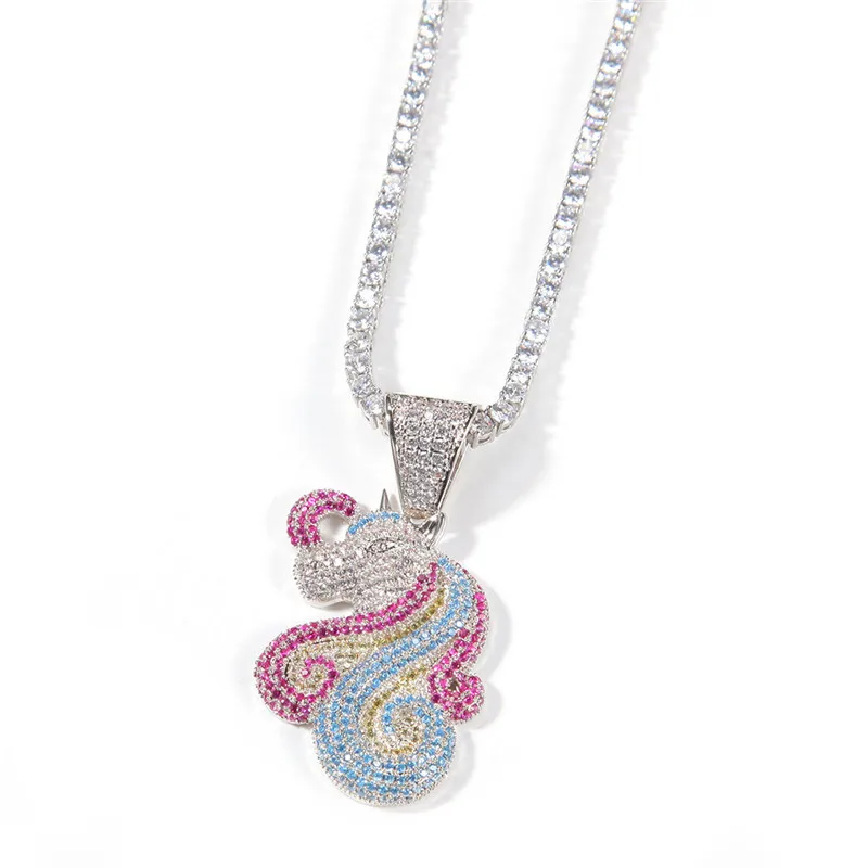 

Hip Hop Cartoon Unicorn Pendant Necklace Hot Ins Style Trendy Iced Out AAA Zircon Couple Necklace Fashion Jewelry
