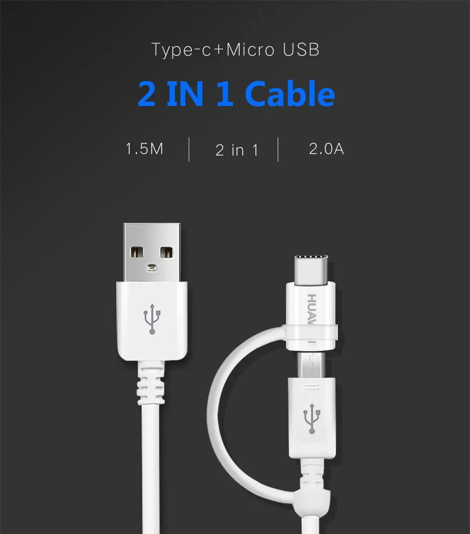 Huawei P20 дорожное зарядное устройство 2 в 1 Micro USB type C кабель 2A 1,5 M type-C зарядный кабель Mate10 Mate9 Pro Lite Honor V10