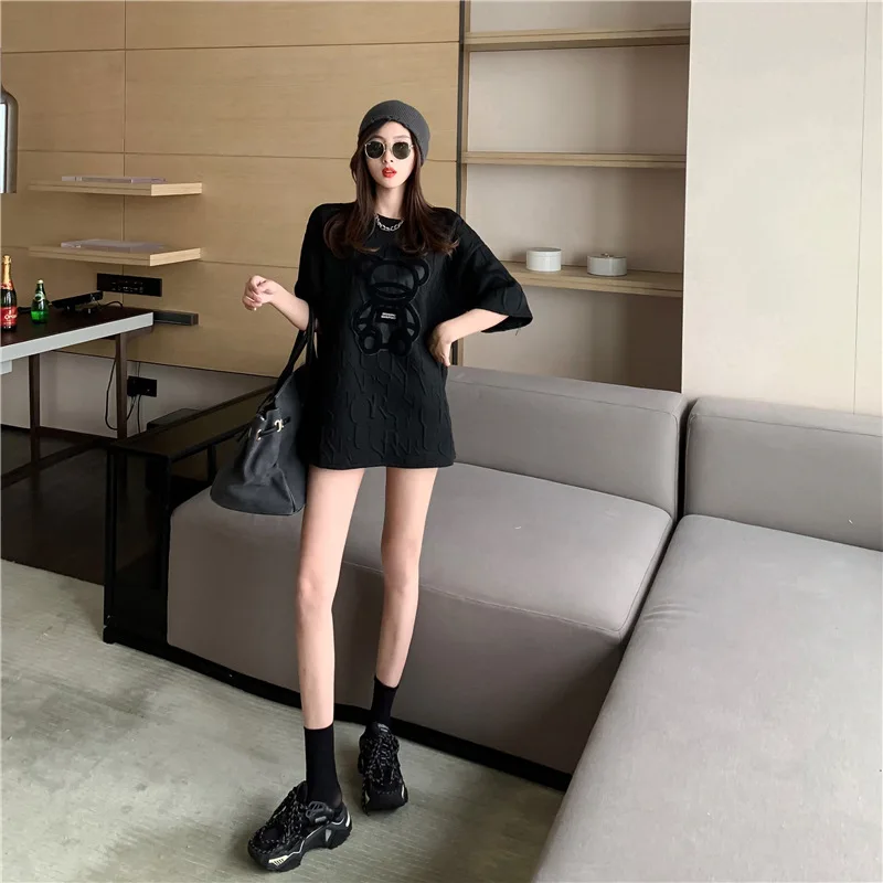 

AL Summer New Loose Solid Color Trend Web Celebrity Hot Drill Cute Rabbit Printed Letters Students Short Sleeve T-Shirt Female