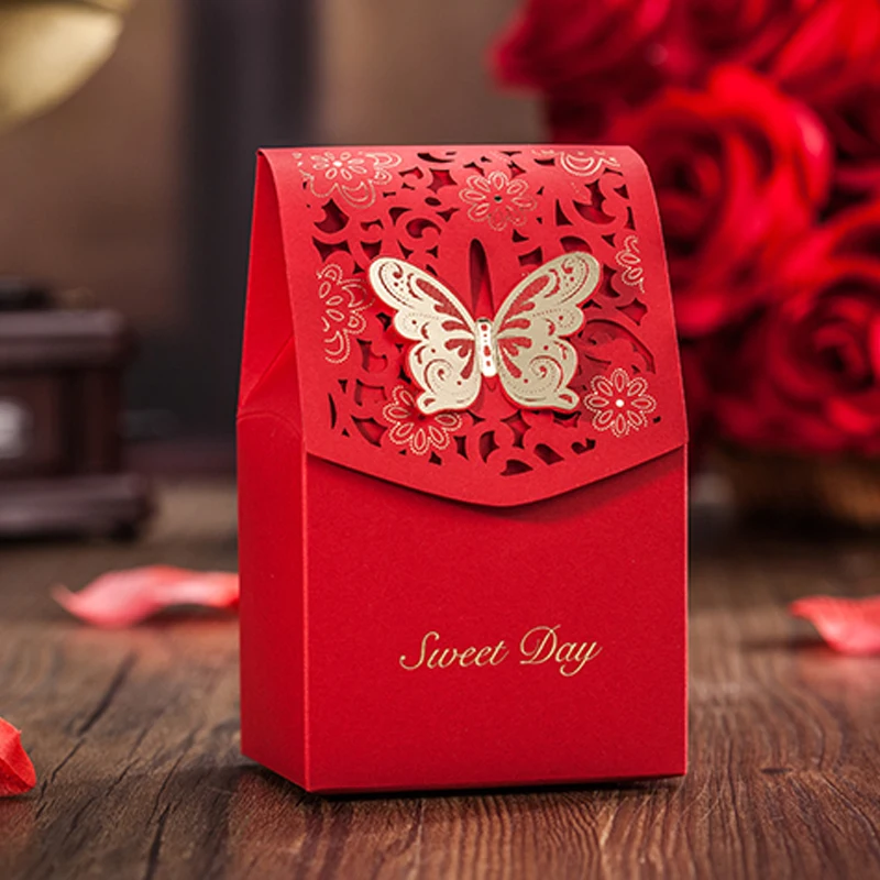 Желанная красная лазерная резка коробка для конфет с бабочкой цветочный 50 шт.