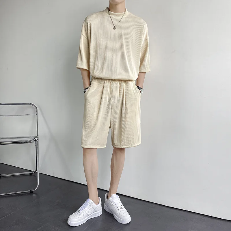 

Summer Men's Casual Suit Korean Tide Brand Fashion Loose Ins Ice Silk Fold T-shirt Shorts Two-piece Men