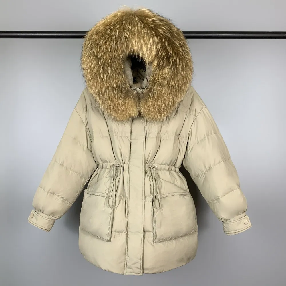

Женское пальто на белом утином пуху 2023, зимняя модная новинка, Женская парка с капюшоном и воротником из натурального меха, Толстая теплая одежда с перьями, пальто, 90%