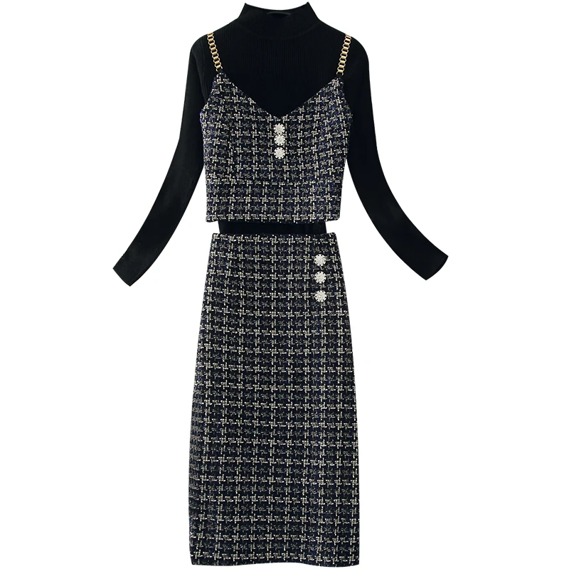 

Autumn Winter Knitting Women Skirts Sets Beaded Plaid Camis Short Empire Sweater Pullovers Knee-Length Office Lady Elegant Suits