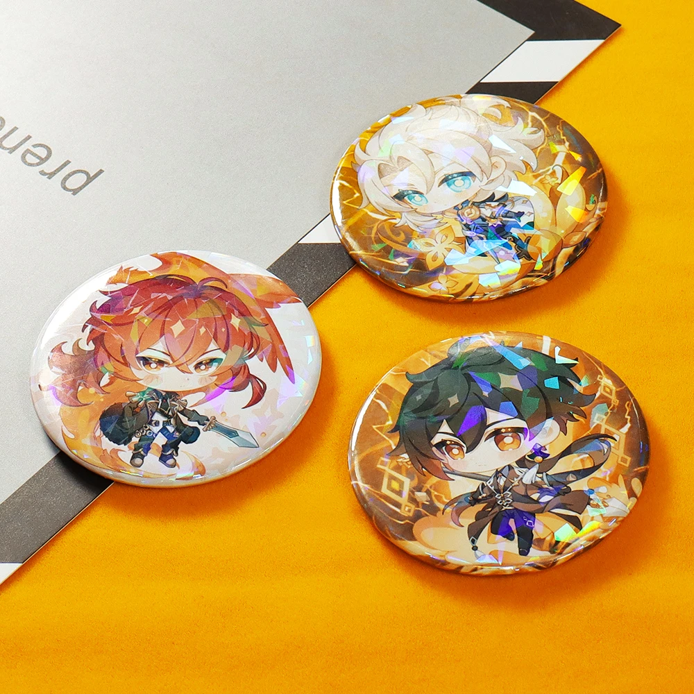 Anime Genshin Impact New Glitter Badge Cosplay Xiao Ganyu Venti Diluc Albedo Zhongli Keqing Brooch Pin Cartoon Model Fans Gift