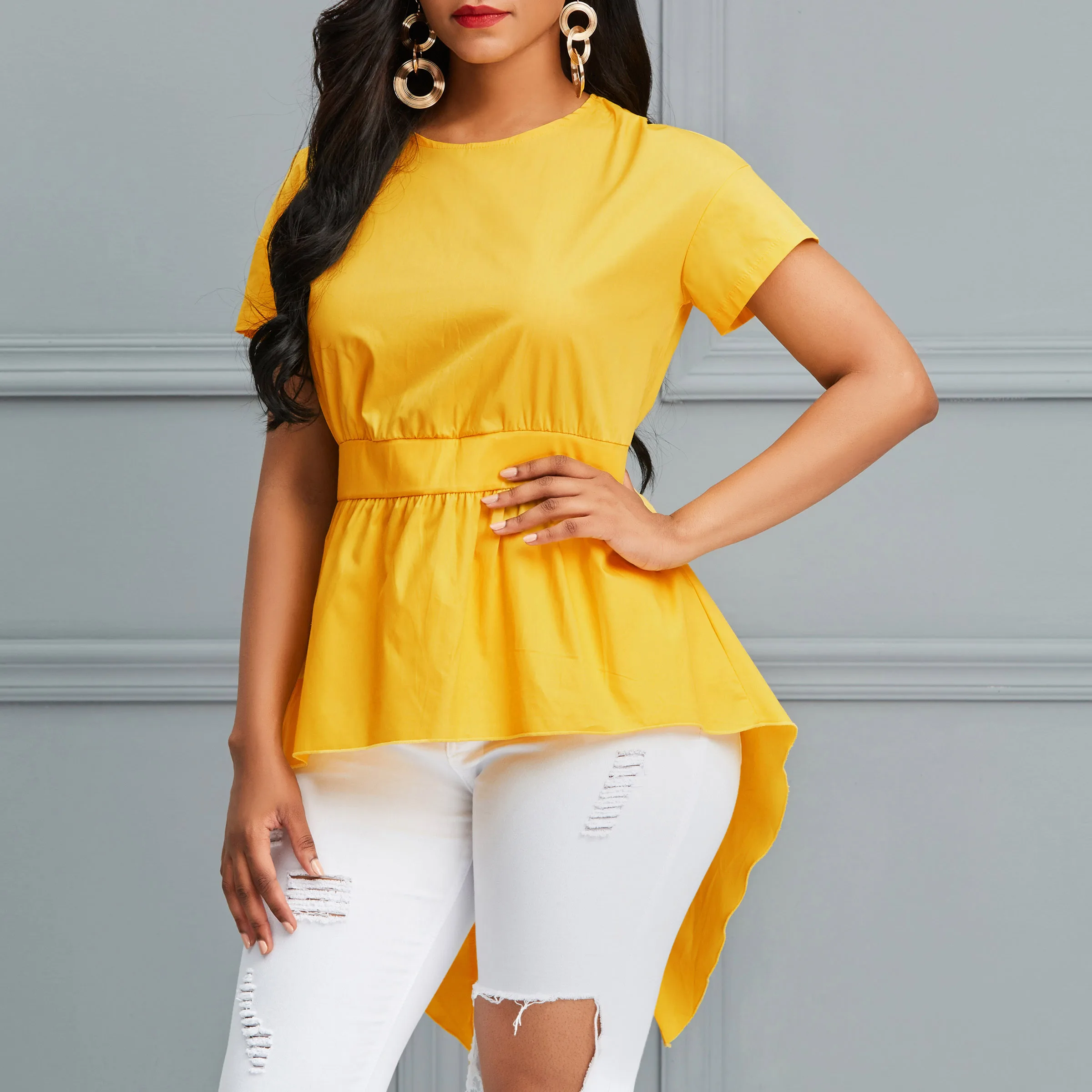 Желтая туника с высокой талией женская блузка ассиметричная летняя коротким