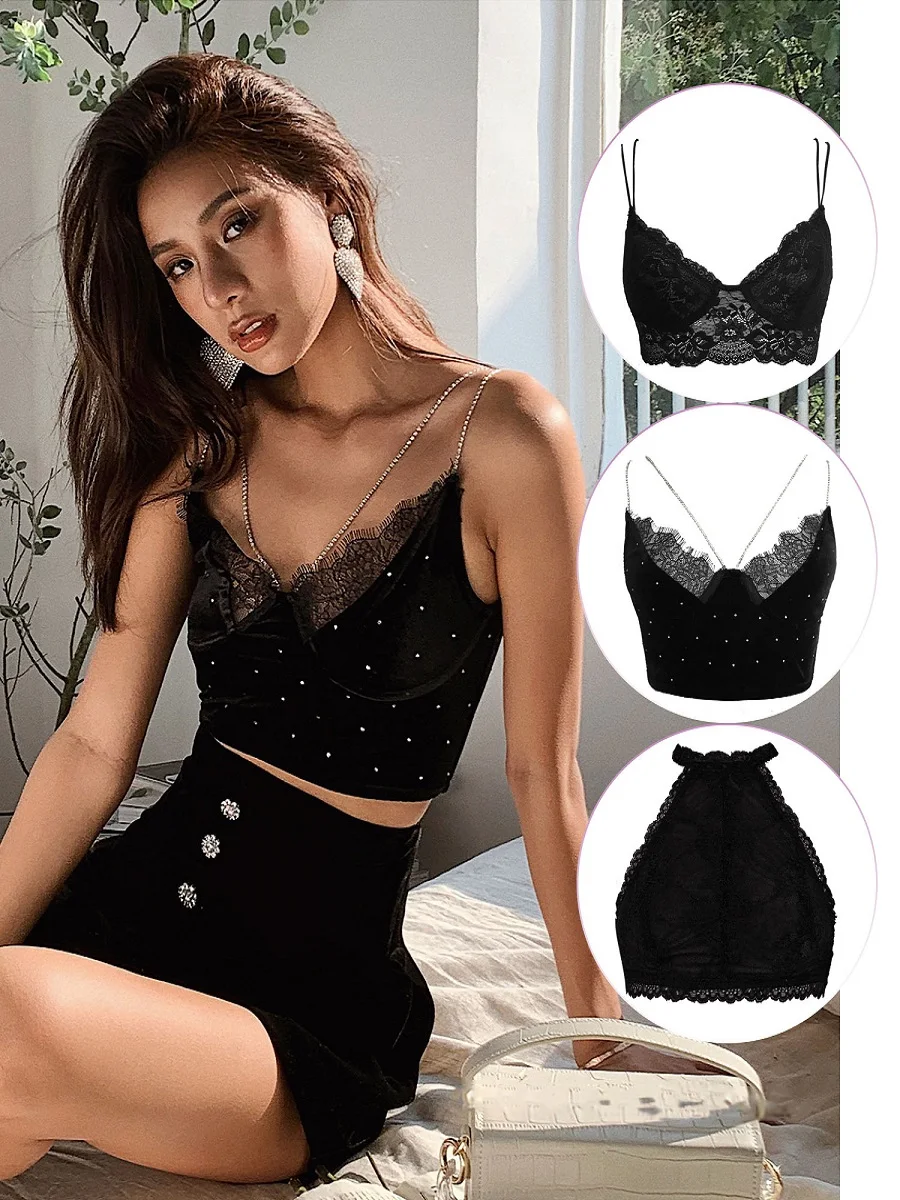 Summer women's velvet lace diamond suspenders sexy cropped shoulders double shoulder vest 2021 tights strapless tops T-shirts XL