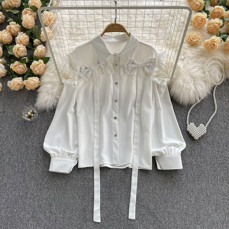 

Autumn New Fashion Blouse Female Sweet Bow Temperament Blusa Strapless Age Reduction Loose Lapel Casual Shirt KK1754