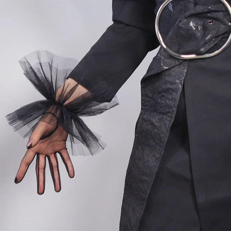 

TULLE GLOVES Lace Semi Sheer Mesh Short Black Ruffle Hem Elastic Cuffs Lace Trim Women Evening Gloves