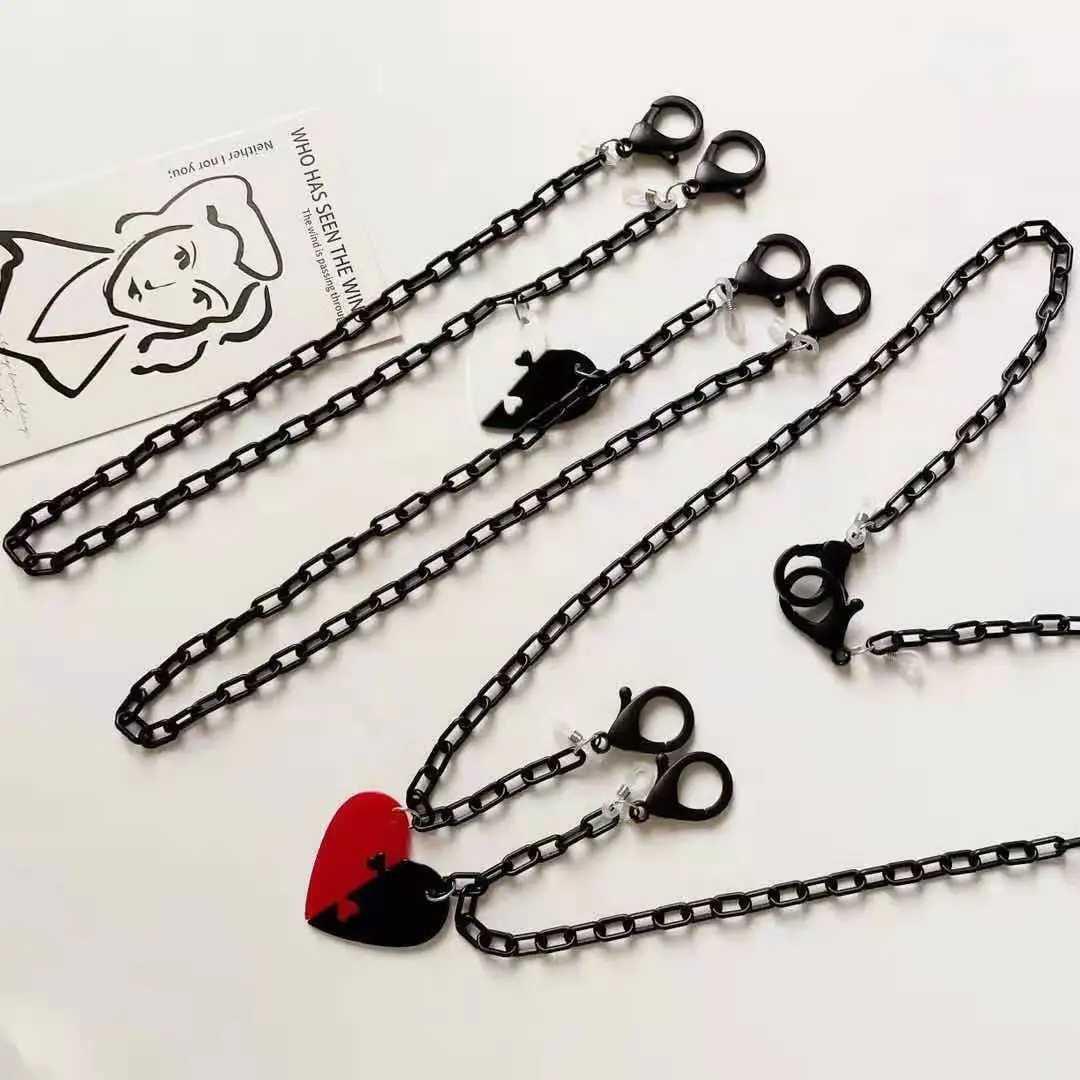 

Lovely Black White Couples Heart Acrylic Hang Mask Glasses Chain Minimalist Cute Student Holder Party Jewelry Accessories Gifts