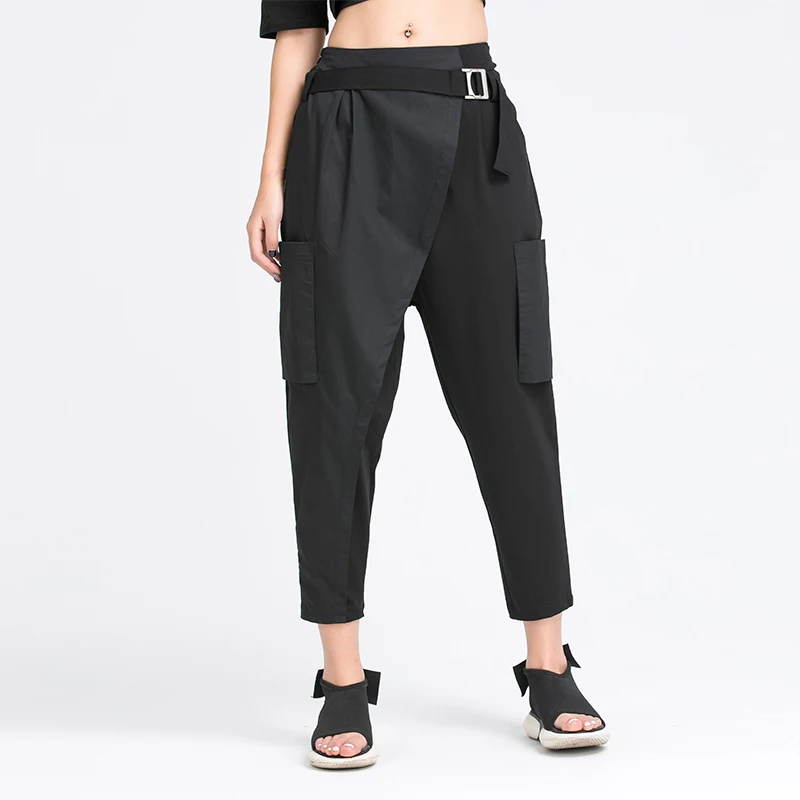 

Fashion Women High Waist Loose Harem Pants Female Stretch Trousers Black 2021 Spring Autumn Sweatpants Streetwear Sashes WP296