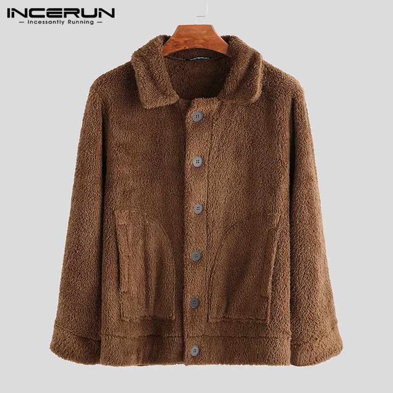 INCERUN мужские флисовые куртки, пальто, уличная одежда с длинным рукавом, однотонная верхняя одежда с отворотом, на пуговицах, пушистые модные зимние плюшевые пальто 7