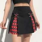 Женская клетчатая мини-юбка Goth Dark, винтажная черная трапециевидная юбка с высокой талией, в стиле Харадзюку, сексуальная готическая юбка в стиле пэчворк,