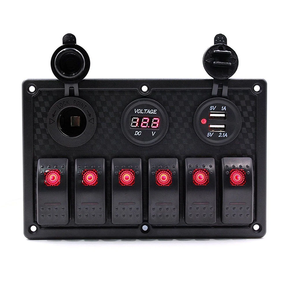 Panel de interruptor de barco para coche, voltímetro Digital impermeable, doble puerto USB, 12V, combinación de salida, balancín LED marino, 6 entradas