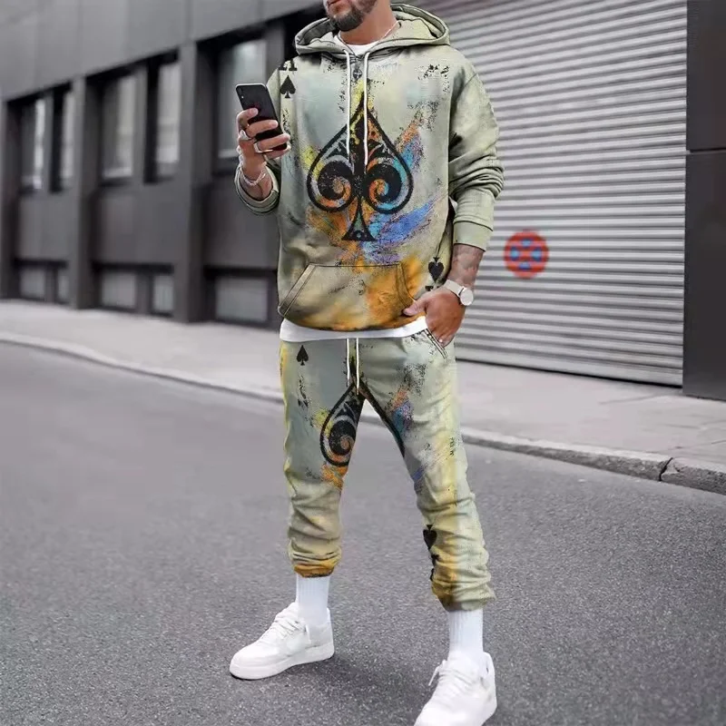 

2021 Autumn New Men's Sets 3D Printed Poker Hoodie Casual Sweatpants Clothes Men Sportswear Two-piece Winter Fashion Suit