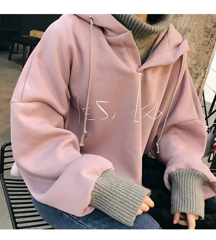 

Fake Two Piece Sweatshirt Korean Style Patchwork Hoodie Hoodies Women Plus Velvet Casual Warm Pullover Hight Collar Korean Top