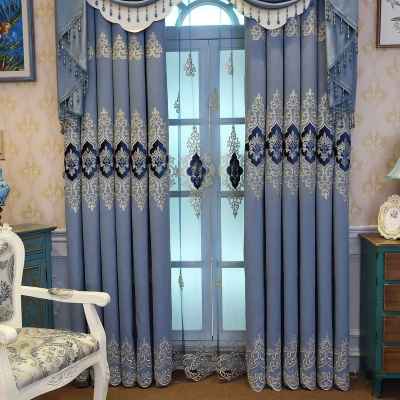 Роскошные занавески с вышивкой для гостиной бежевые прозрачные тканевые синие