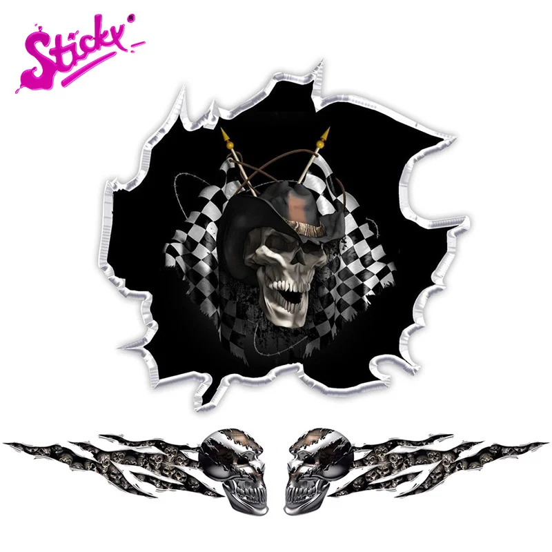 

STICKY 3D Red Flames Skull Check Flag Car Sticker Decal Decor Motorcycle Off-road Laptop Trunk Guitar PVC Vinyl Stickers