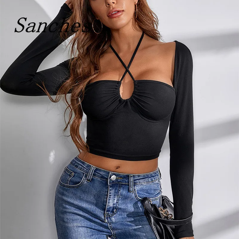 

Sanches Black Strapless Bandage Sexy T-shirt Women Long Sleeve Hollow Out Short Slim Crop Top Casual Y2K Party Club Tshirts