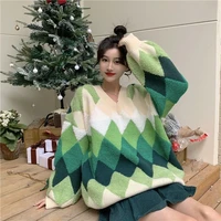 v neck rhombus graphic fashion winter sweater female kawaii high street pullover christmas clothes green argyle sweater simplee