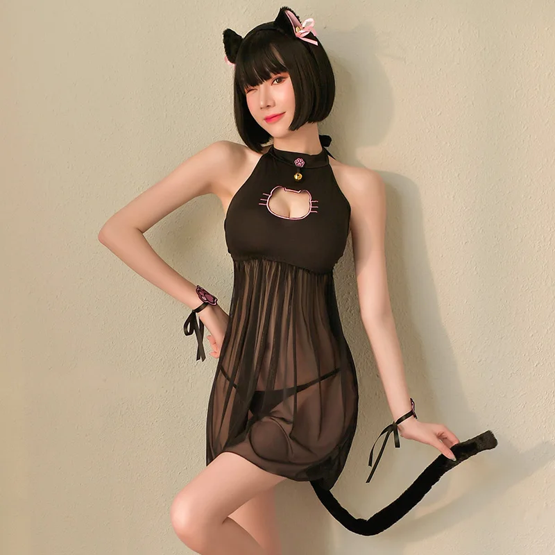 

Womens Sexy Lingerie Suit Cosplay Cat Maid Uniform Hollow Bra Briefs Set Kawaii Anime Roleplay Costumes Perspective babydoll
