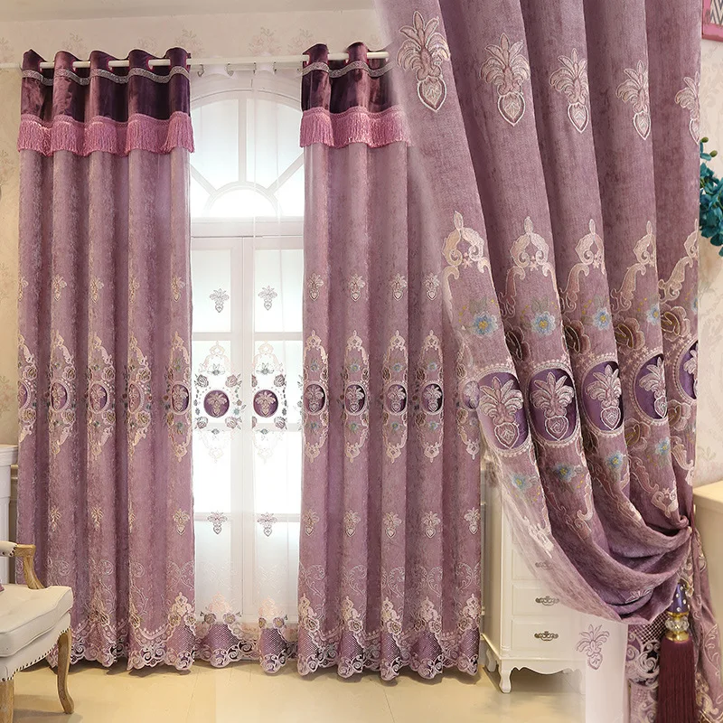 

New Light Luxury Curtains for Living Dining Room Bedroom Thick Cashmere Shading Chenille Embroidered Bead Blue Curtains Tulle