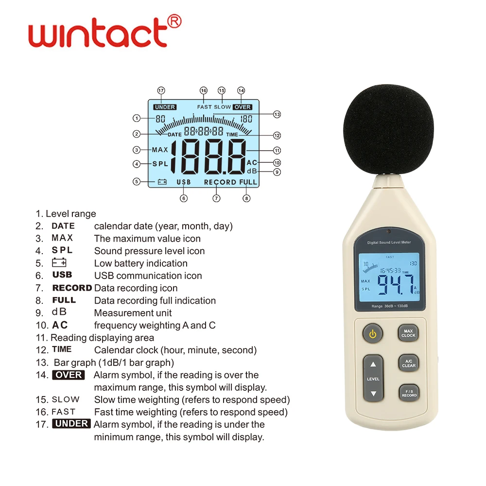 

Digital USB Noise Meter Sound Level Meter Decibel Meter 30-130dB A/C FAST/SLOW