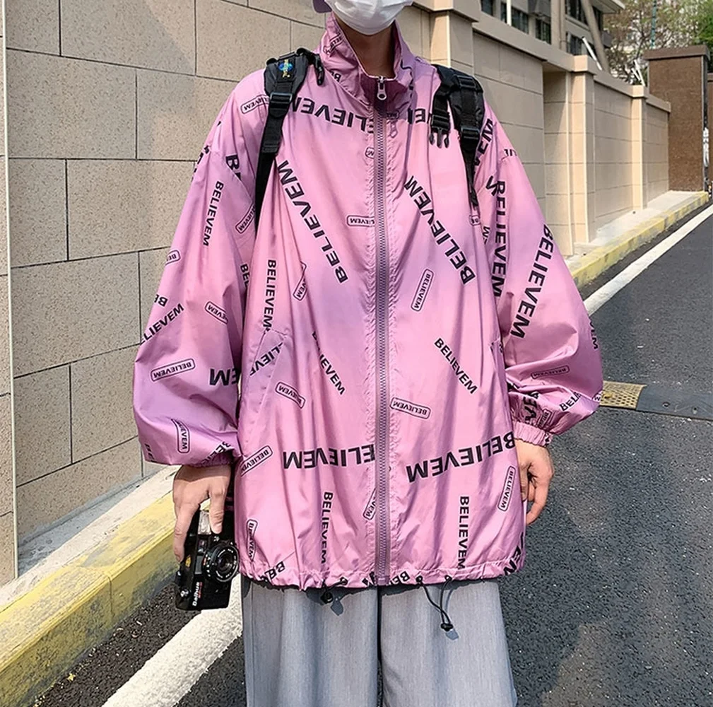 

Letter Print Sun Protection Jacket for Men 2021 Summer Loose Stand-up Collar Erkekler Ceket Couple Clothing Hip Hop Streetwear