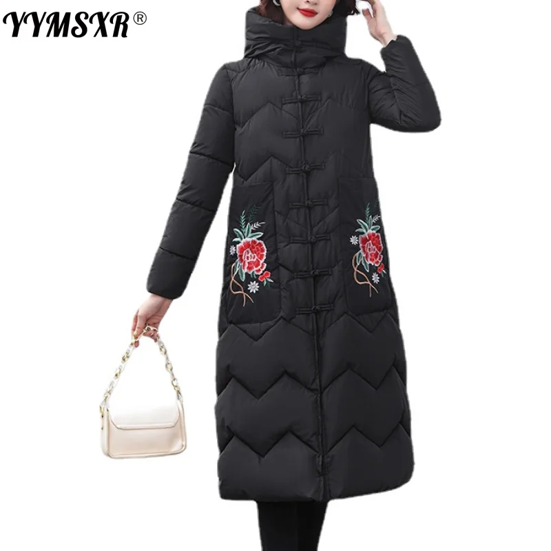 

3XL Women's Long Cotton Coat 2021 Winter Fashion Retro Embroidered Down Cotton Warm Ladies Jacket Elegant Single-breasted Coat