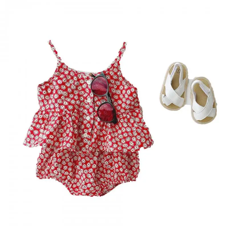 

2021 Summer Newborn Baby Girl Clothing Sets Kids Sleeveless Tops+Shorts 2 Piece Outfits Toddler Cotton Red Suit Children Clothes