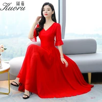 v neck summer clothes for women solid color size s 4xl boho dress blue chiffon dresses for women party red lotus sleeve vestidos