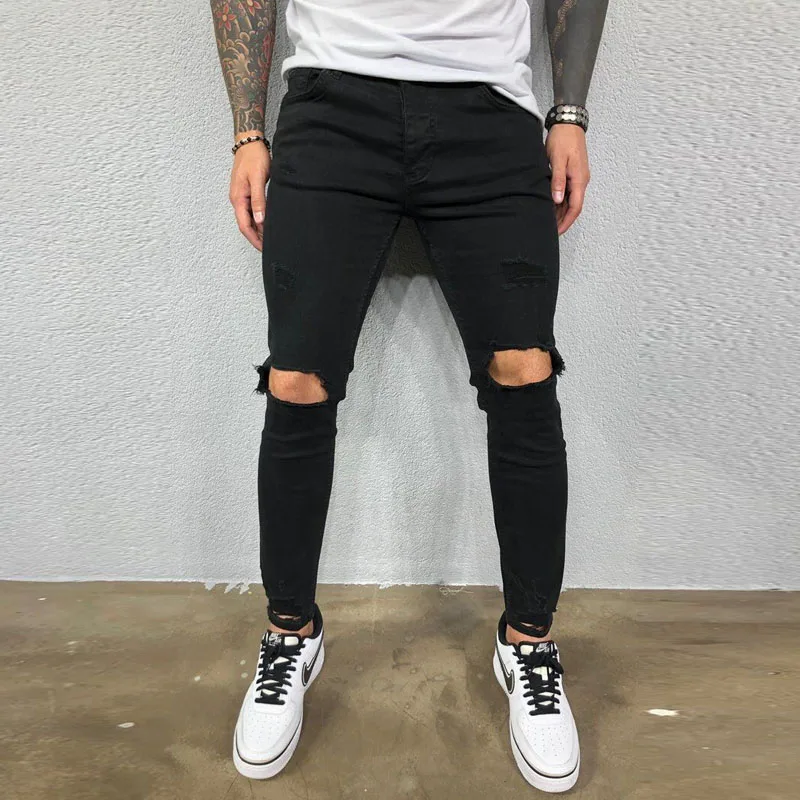 Fashion Streetwar Black Skinny Jeans Men Knee Hole Ripped Stretch Slim Denim Pants Solid Color Elastic Hip Hop Motorcycle jeans