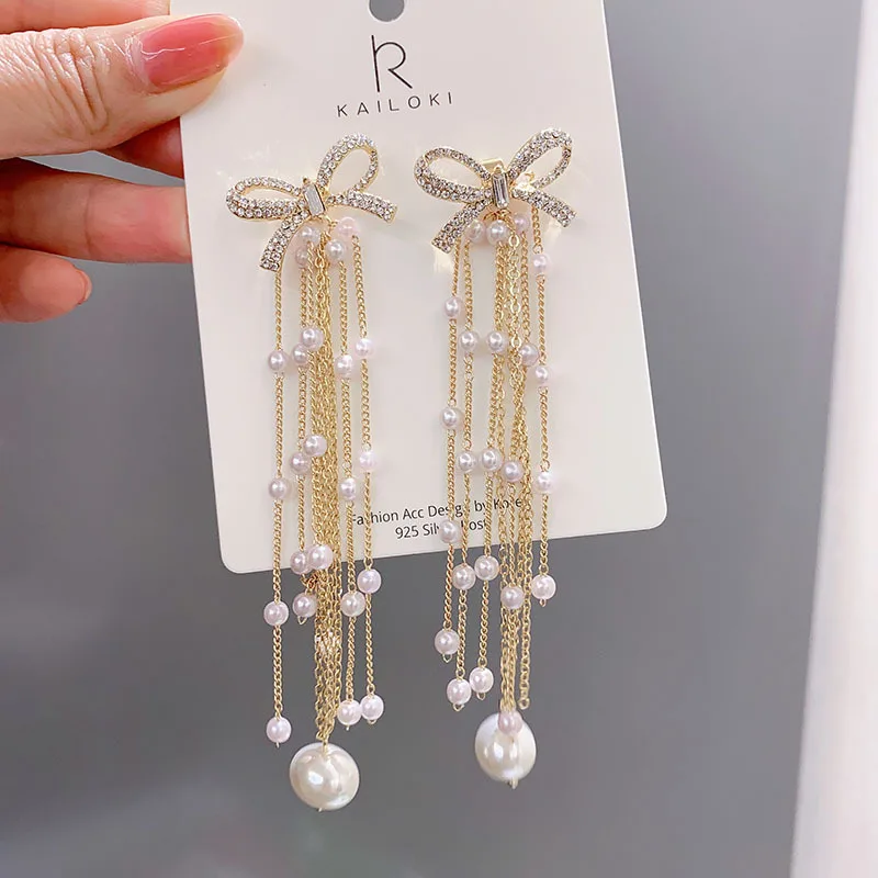 

Korean New Style Long Tassel Bowknot Dangle Earrings for Women 2021 Elegant Female Statement Drop Earrings
